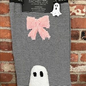 Rachel Zoe Black and White Striped Throw with Ghost and Pink Bow